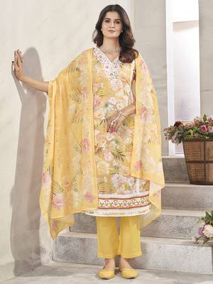 Yellow resham zari sequins floral print linen cotton salwar kameez 1