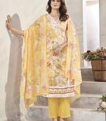 Yellow resham zari sequins floral print linen cotton salwar kameez