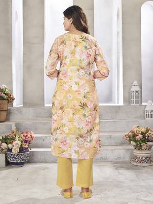 Yellow resham zari sequins floral print linen cotton salwar kameez 2