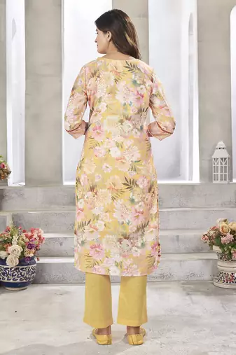 Yellow resham zari sequins floral print linen cotton salwar kameez