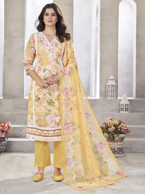 Yellow resham zari sequins floral print linen cotton salwar kameez 3