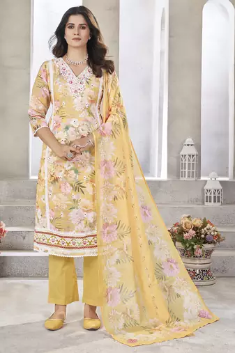 Yellow resham zari sequins floral print linen cotton salwar kameez