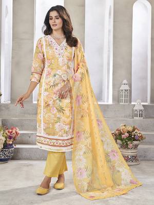 Yellow resham zari sequins floral print linen cotton salwar kameez 4