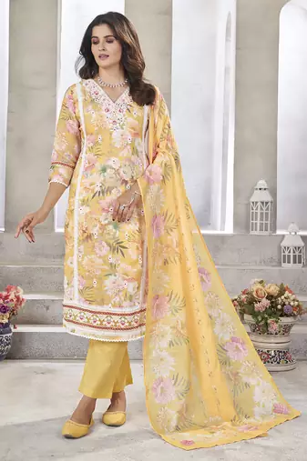 Yellow resham zari sequins floral print linen cotton salwar kameez
