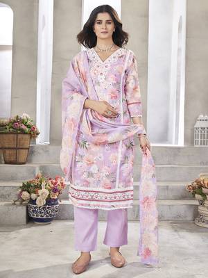 Lavender resham zari sequins floral print linen cotton salwar kameez 1