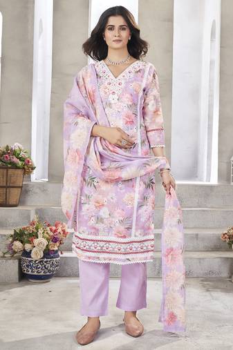 Lavender resham zari sequins floral print linen cotton salwar kameez