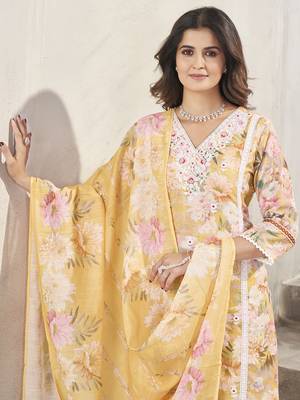 Yellow resham zari sequins floral print linen cotton salwar kameez 5