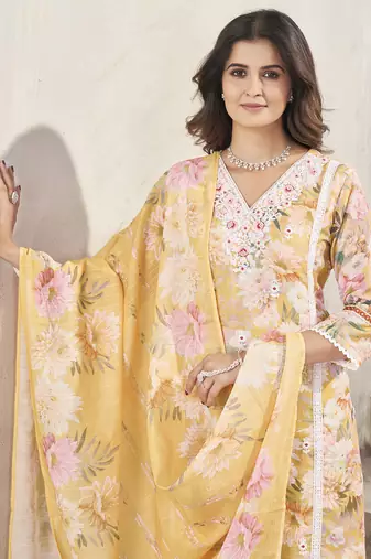 Yellow resham zari sequins floral print linen cotton salwar kameez