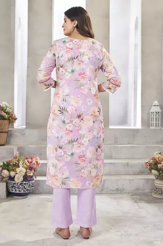 Lavender resham zari sequins floral print linen cotton salwar kameez