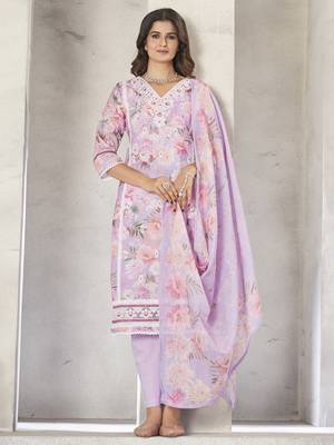 Lavender resham zari sequins floral print linen cotton salwar kameez 3