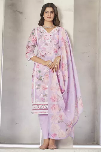 Lavender resham zari sequins floral print linen cotton salwar kameez