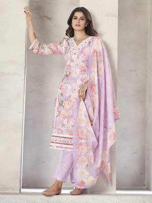 Lavender resham zari sequins floral print linen cotton salwar kameez 4