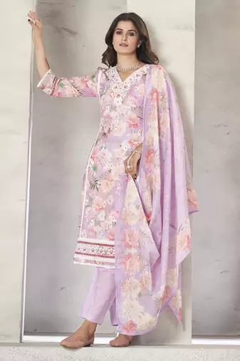 Lavender resham zari sequins floral print linen cotton salwar kameez