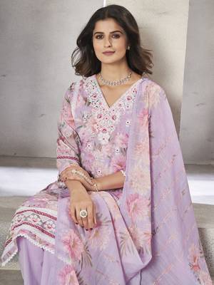 Lavender resham zari sequins floral print linen cotton salwar kameez 5