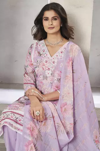 Lavender resham zari sequins floral print linen cotton salwar kameez