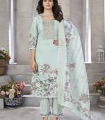Pista green resham zari sequins floral print linen cotton salwar kameez