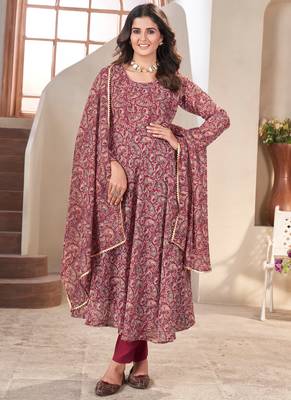 Maroon printed georgette anarkali suit 1