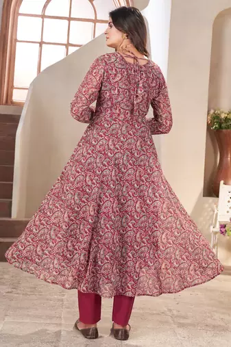 Maroon printed georgette anarkali suit