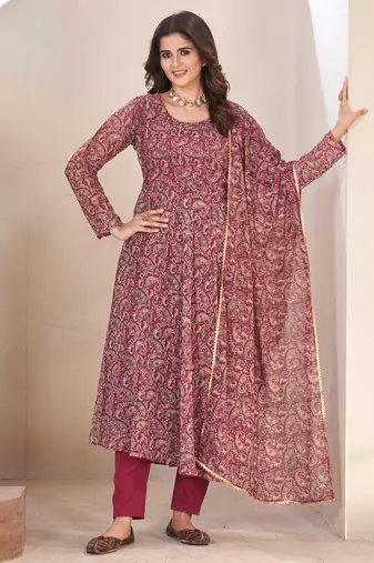 Maroon printed georgette anarkali suit