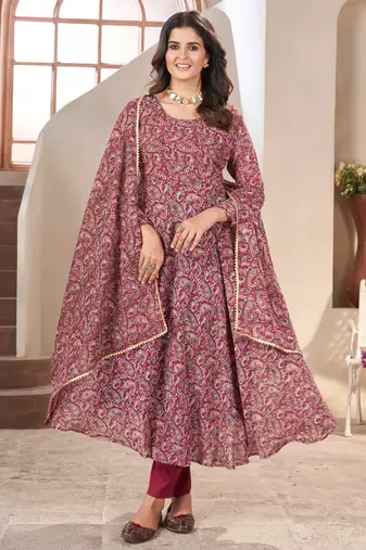 Maroon printed georgette anarkali suit