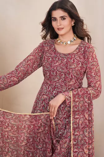 Maroon printed georgette anarkali suit