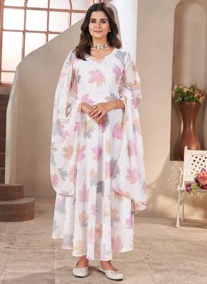 White printed georgette anarkali suit 1
