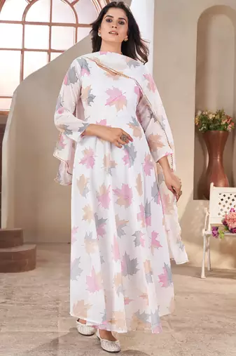 White printed georgette anarkali suit