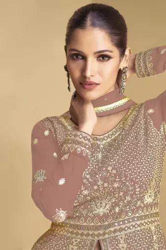 Peach embroidered sequins georgette anarkali suit