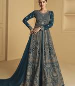 Teal blue embroidered sequins georgette anarkali suit