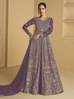 Purple embroidered sequins georgette anarkali suit 1
