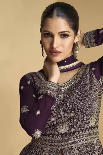 Wine embroidered sequins georgette anarkali suit