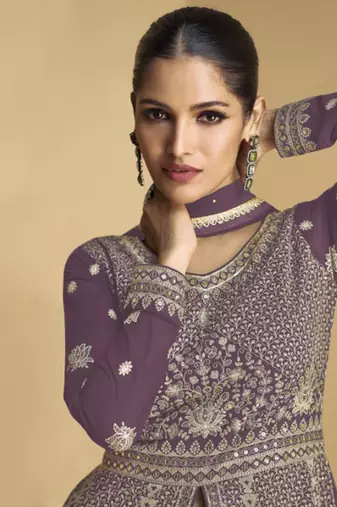 Purple embroidered sequins georgette anarkali suit