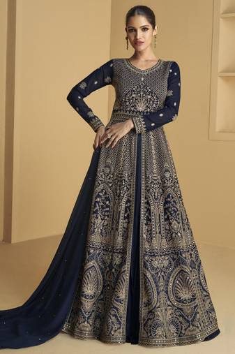 Navy blue embroidered sequins georgette anarkali suit