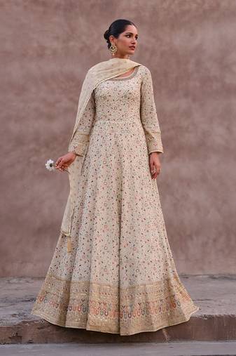 Cream resham zari sequins georgette anarkali suits