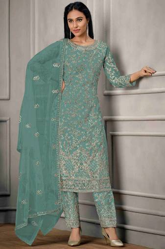 Sea green embroidered sequins net salwar kameez