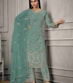 Sea green embroidered sequins net salwar kameez