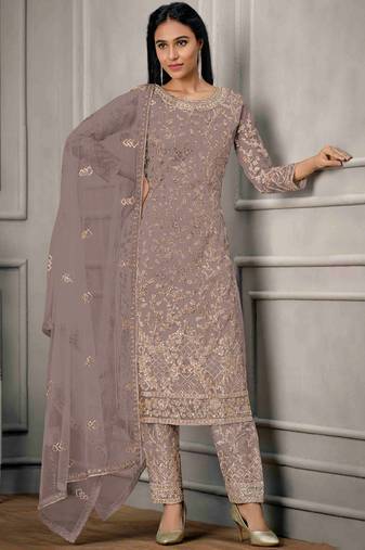 Purple embroidered sequins net salwar kameez