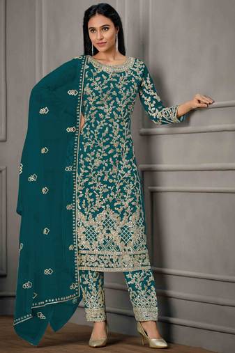 Teal blue embroidered sequins net salwar kameez