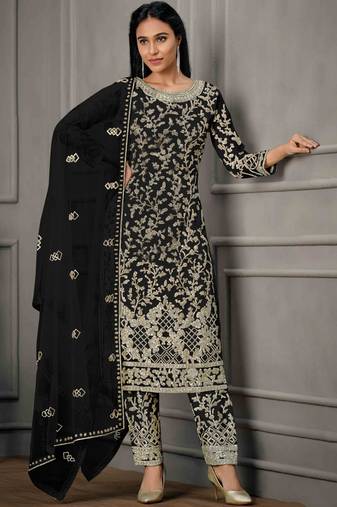 Black embroidered sequins net salwar kameez
