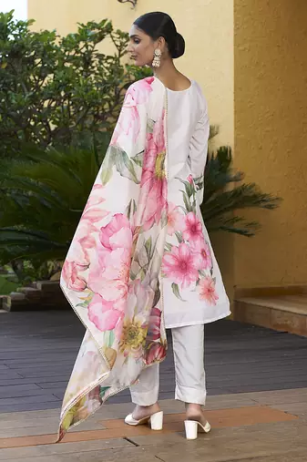 Off white digital print diamonds lace muslin salwar kameez