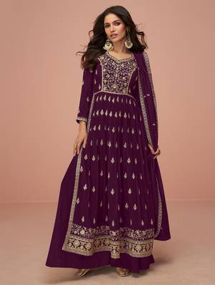 Wine embroidered & sequins zari vichitra silk palazzo 1