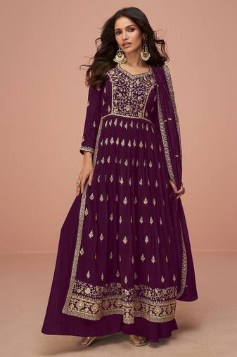 Wine embroidered & sequins zari vichitra silk palazzo