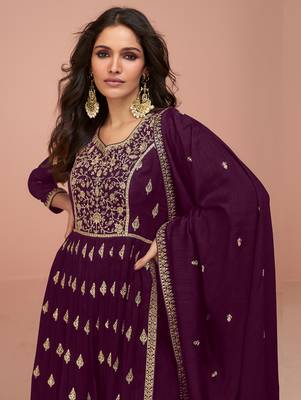 Wine embroidered & sequins zari vichitra silk palazzo 2