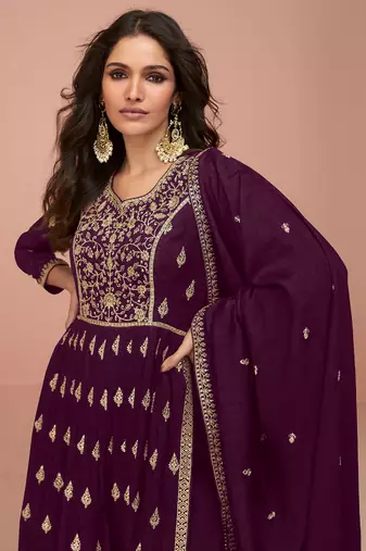 Wine embroidered & sequins zari vichitra silk palazzo