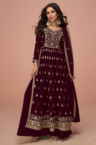 Maroon embroidered & sequins zari vichitra silk palazzo