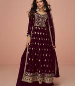 Maroon embroidered & sequins zari vichitra silk palazzo