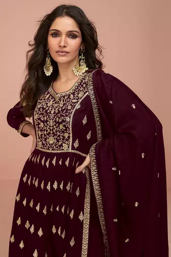 Maroon embroidered & sequins zari vichitra silk palazzo