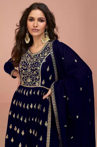 Blue embroidered & sequins zari vichitra silk palazzo