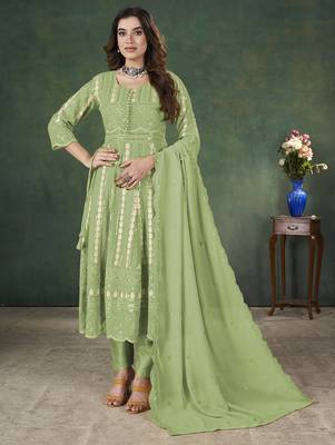 Green lakhnavi sequins zari resham georgette anarkali suit 1