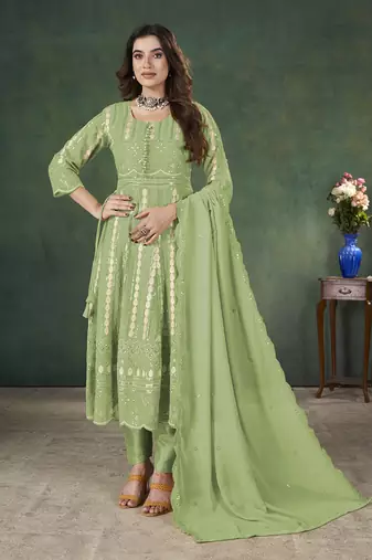Green lakhnavi sequins zari resham georgette anarkali suit